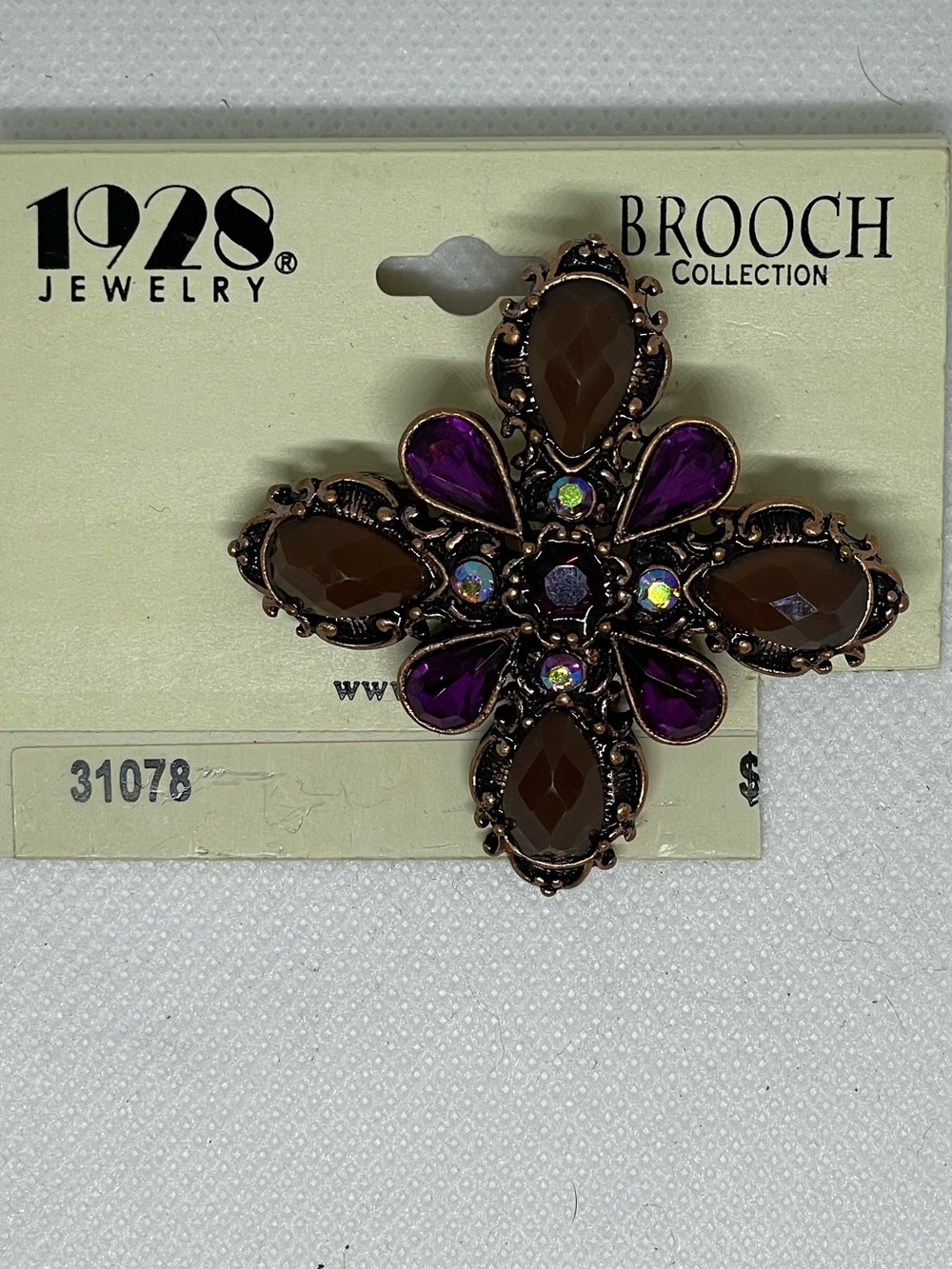 1928 Purple and Brown Floral Cross Brooch New On Card